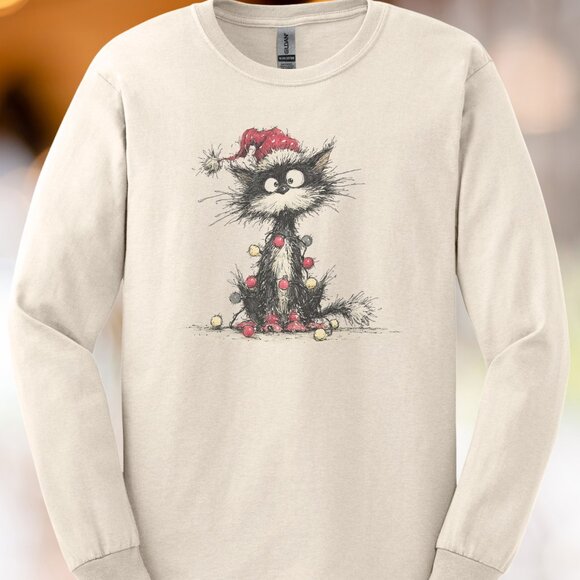 Christmas Cat Santa Hat Shirt Cute Holiday Kitty with Lights Funny Graphic Tee - Picture 1 of 6